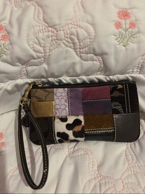 Coach Multi-Panel Patchwork Wristlet - Brown, Purple, Gold, Black